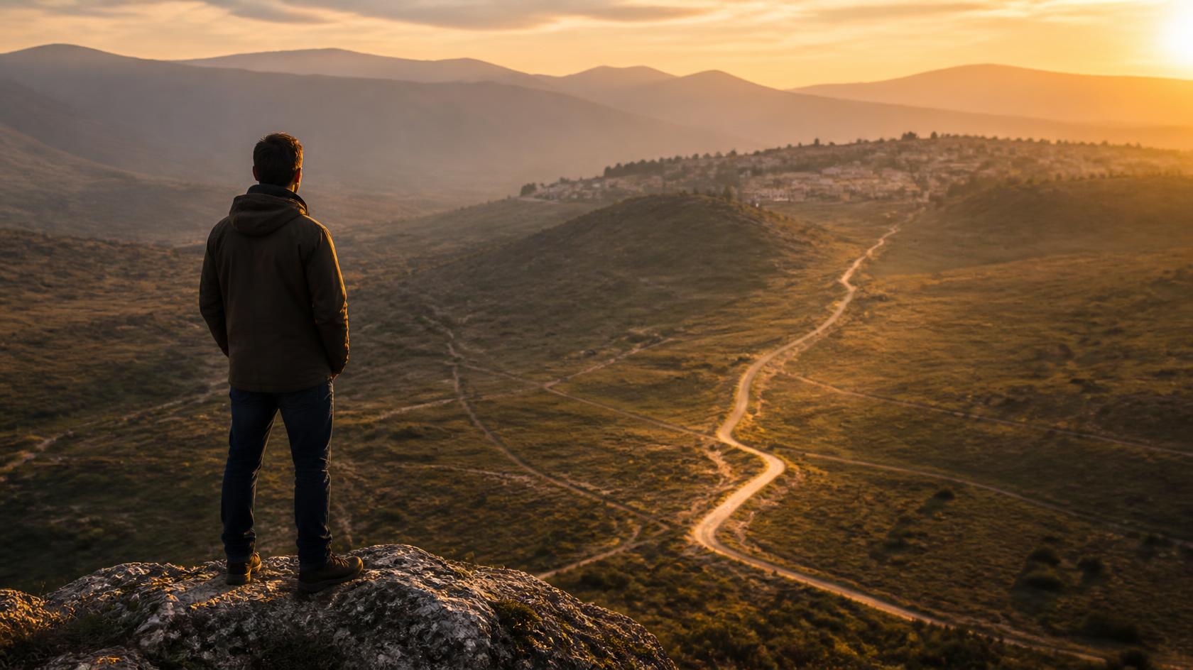 A walker at golden hour looking out over a valley, where one sunlit path winds through to a town on the far hills