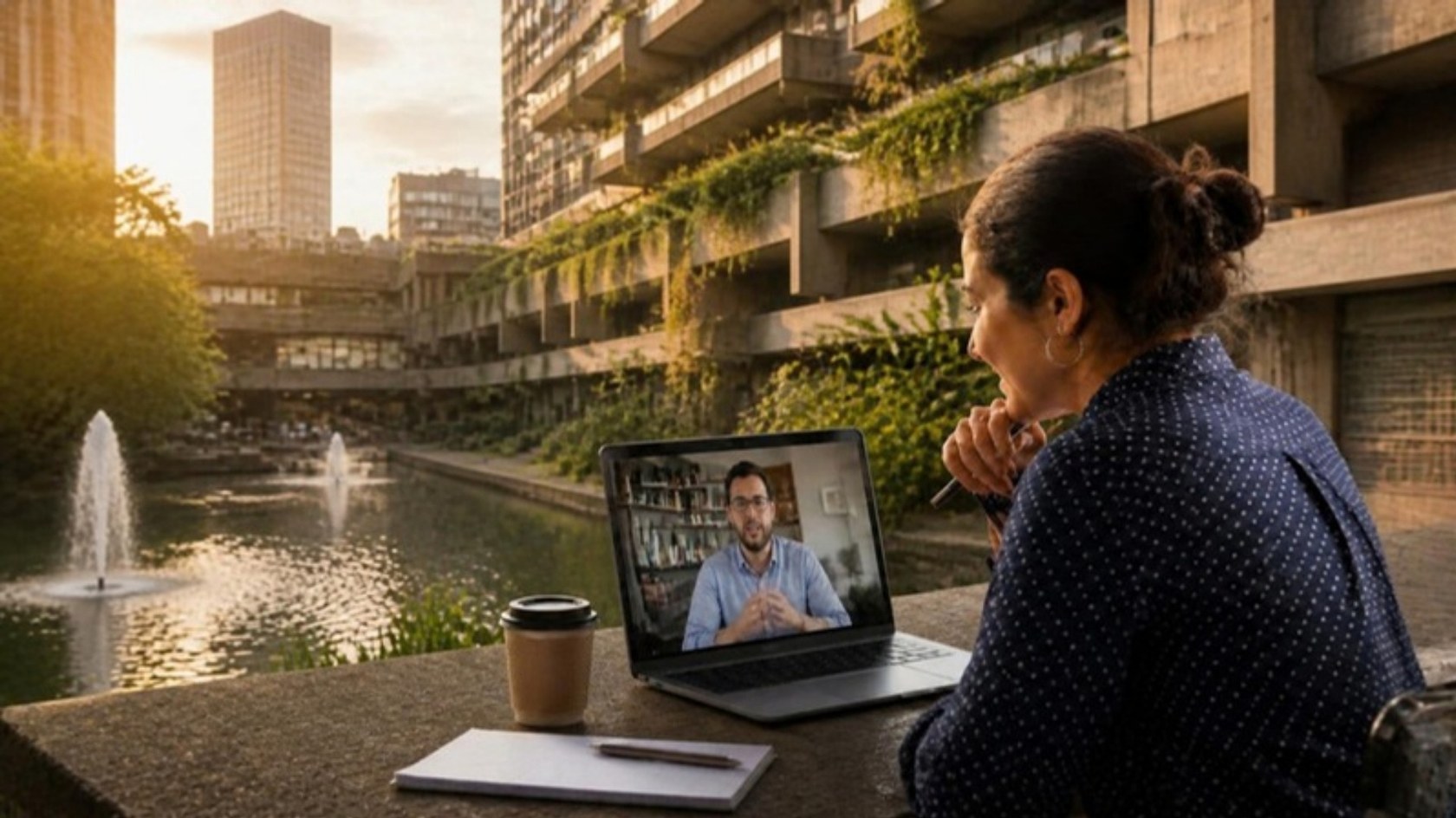 A woman on a video call with a colleague, working at a laptop on a lakeside terrace in the city at golden hour