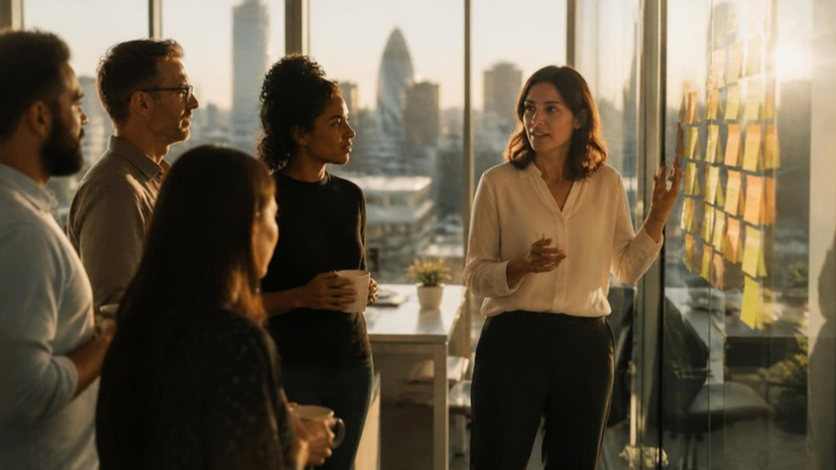 A team stand-up in a London office at golden hour: a manager talks colleagues through a wall of sticky notes while they listen, coffee in hand