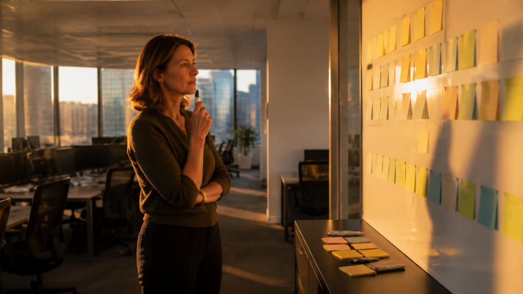 An HR director in a half-empty City office at golden hour, looking at a whiteboard org chart with one row of sticky notes removed