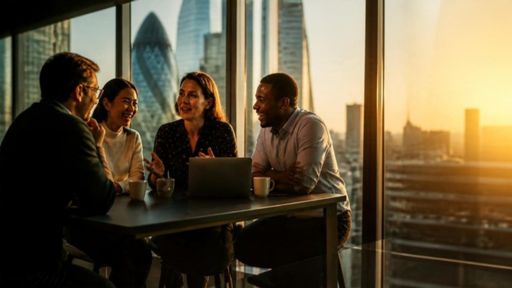 Four colleagues talk and laugh around a high table in a City office at golden hour, with coffee and a laptop in front of them and the Gherkin through the window behind