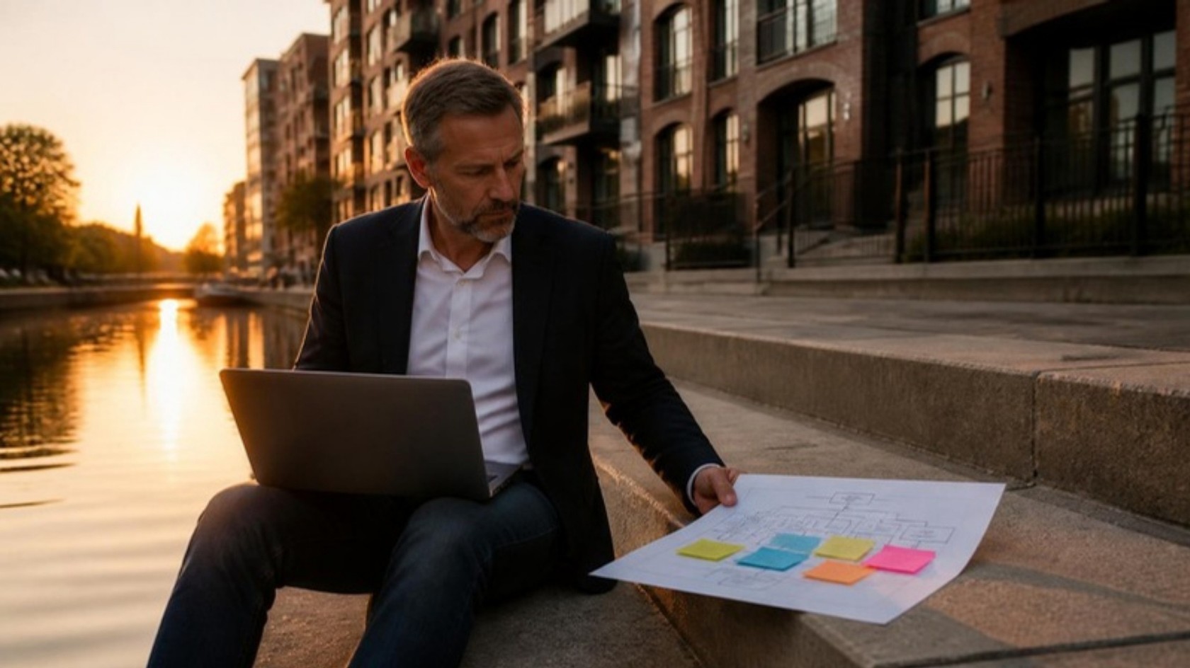 A hiring manager on canal-side steps in the city at golden hour, laptop open, looking at an organisation chart covered in coloured sticky notes